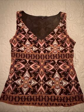 Isabella DeMarco Pink & Brown Patterned V-Neck Tank Top